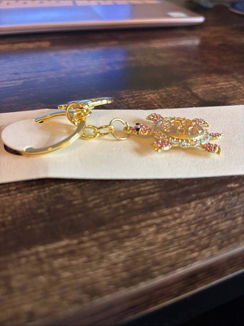 Gold‎ Tone Turtle Keychain with Pink Crystal Rhinestones